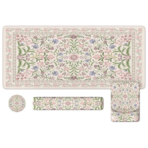 iLeadon Purple Desk Mat Set, Soft Long Floral Mouse Pad Wrist Support | Anti-Fatigue Keyboard Pad with Wrist Support, Non Slip Mouse Pad for Desktop, Teacher Desk Mat with Coaster for Office Women - color: Purple