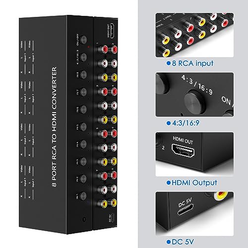 8 Port RCA to HDMI AV to HDMI Converter 1080P/720P 8 Way RCA Composite CVBS AV Switch to HDMI Converter Adapter Support 4:3/16:9 Switch For Sega Xbox PS1 PS2 PS3 N64 NGC SNES WII VHS VCR Camera - color: 8AV to HDMI Converter