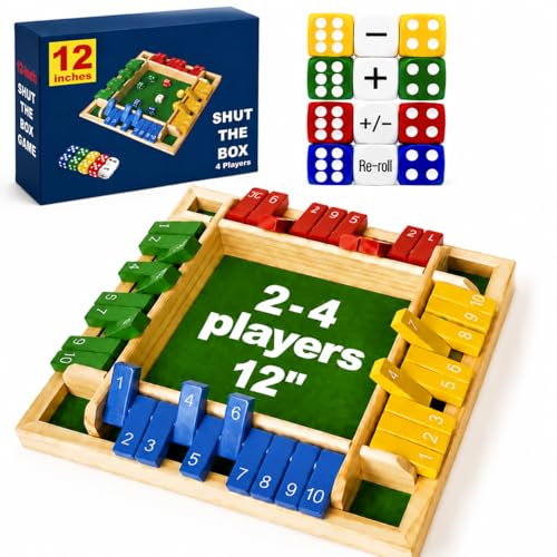 Shut The Box Dice Game 12 Inch Upgraded 2-4 Player Wooden Dice Game Math Addition Games Close The Box Family Wooden Dice Board Game for Kids Adults, Tabletop Version for Classroom, Home, Party or Bar - style: 12 inch