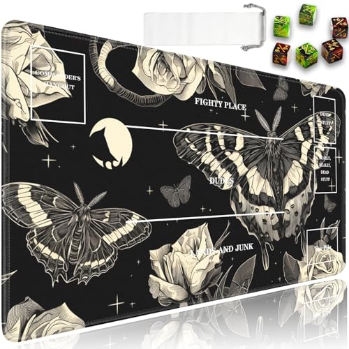 JVGFYNKL for MTG Playmat, 24 x 14 in for TCG Playmat with Zones,Trading Card Game Playmats with Storage Bag and 6 Dice, Black for MTG Table Mat Card Accessories, Rose and Butterfly - color: JV-Playmat-5K-4-F148