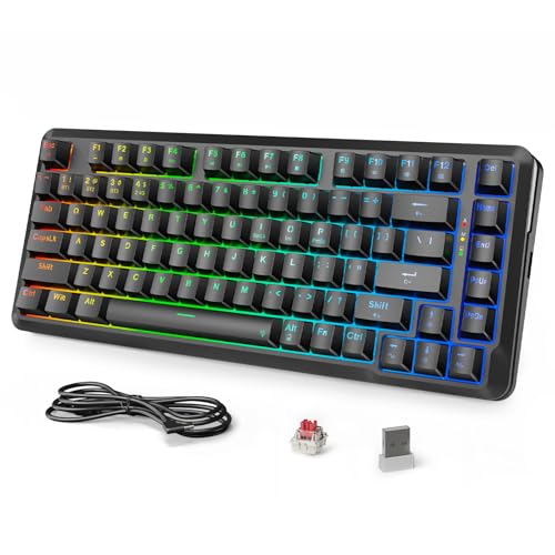 Redragon K713 Wireless Mechanical Keyboard, Gasket Mounted RGB Gaming Keyboard, 3-Mode (2.4G/BT/USB), Pre-Lubed Linear Red Switches, 75％ Layout, 82 Keys Hot Swappable for PC/Mac - Black - color: Abyssal Black, size: Pre-Lubed Red Switch