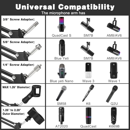 Microphone Boom Arm, Professional Desk Mic Stand with 1/4", 3/8", 5/8" Adapters, Heavy-Duty Clamp, Wide Compatibility for Yeti, AT2020, Podcasting, Streaming & Recording