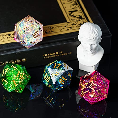 Cusdie Single D20 DND Dice with Sharp Edges and Glitter Foil Inclusions, 20 Sided D&D Dice, 33mm Handcrafted, for Role Playing Game (Green) - color: Green
