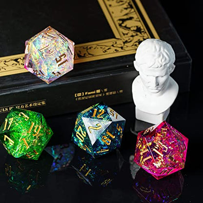 Cusdie Single D20 DND Dice with Sharp Edges and Glitter Foil Inclusions, 20 Sided D&D Dice, 33mm Handcrafted, for Role Playing Game (Green) - color: Green