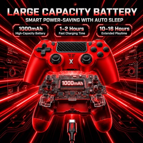 BJXOZ Wireless Controller for PS4 Controller, Gamepad with Dual Vibration | 1000mAh, Six-axis Gyroscope Sensor, USB-C Port, Speaker, 3.5mm Headphone Jack, Touchpad, Compatible with PS4/Slim/Pro/PC - color: Red
