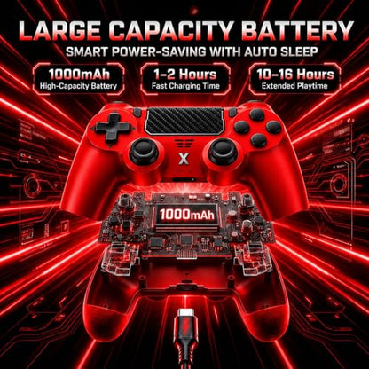 BJXOZ Wireless Controller for PS4 Controller, Gamepad with Dual Vibration | 1000mAh, Six-axis Gyroscope Sensor, USB-C Port, Speaker, 3.5mm Headphone Jack, Touchpad, Compatible with PS4/Slim/Pro/PC - color: Red
