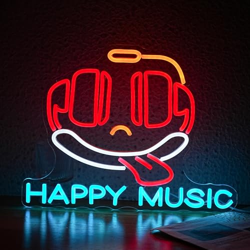 Happy Music Neon Sign Dimmable Led Microphone Neon Light for Wall Decor USB Cute Headset Neon Light Sign for Music Studio Bar Live House Karaoke Party Bedroom - color: Ice Blue Red White Yellow