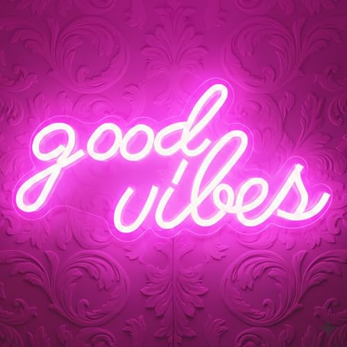 DECANIT Good Vibes Neon Sign Pink, USB Powered LED Wall Decor | 16.1 x 8.3 in non-dimmable pink LED sign for party decor, college dorm, studio, birthday party, or photo backdrop - color: Pink