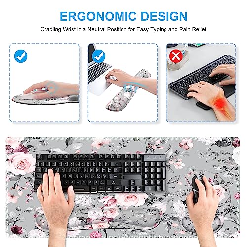 iCasso Large Mouse Pad Wrist Support Set, 4in1 XXL Big Mousepad + Keyboard Wrist Rest + Mouse Wrist Rest + Coaster Set with Ergonomic Design Gaming Mat for Home Office Table Computer - Pink Floral - color: Tea Rose