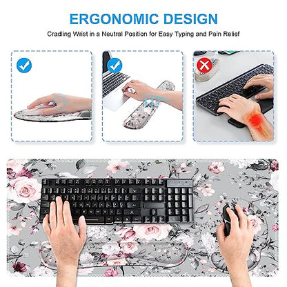 iCasso Large Mouse Pad Wrist Support Set, 4in1 XXL Big Mousepad + Keyboard Wrist Rest + Mouse Wrist Rest + Coaster Set with Ergonomic Design Gaming Mat for Home Office Table Computer - Pink Floral - color: Tea Rose