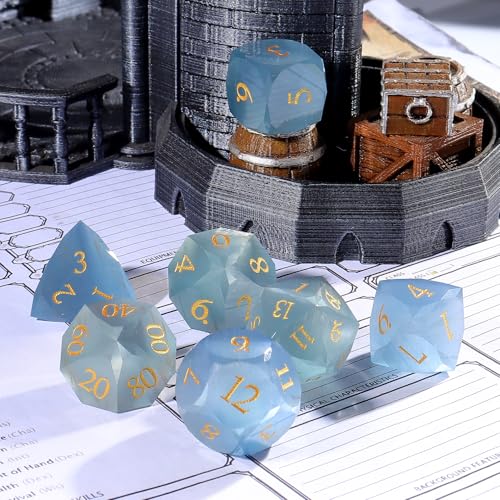 Natural Aquamarine Gemstone Dice Set, 7-Piece Handcrafted Polyhedral Dice with Gold Engraving, Ideal for D&D, RPG, MTG & Tabletop Games, Gift Box Included (Cat's Eye - Blue) - color: Cat's Eye - Blue