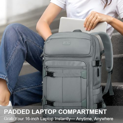 PIJUSHI Casual Travel Backpack for Women with 16" Padded Laptop Compartment | Carry On Luggage with USB Charging Port, 1680D Water-Resistant Nylon, Airline Approved, For Daily, Hiking - color: Updated Grey Blue