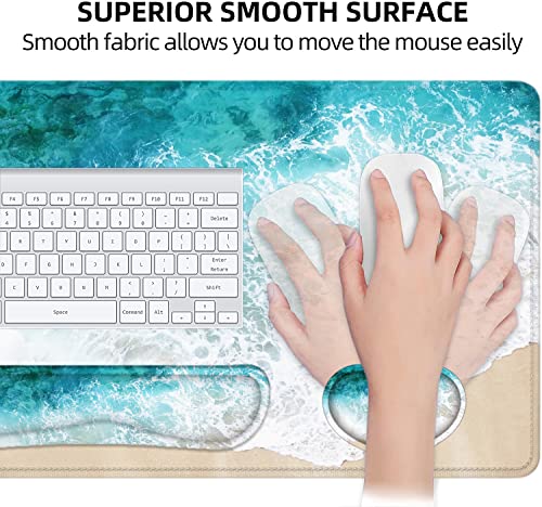 Large Mouse Pad with Wrist Rest, 4-in-1 Wrist Rest for Keyboard and Mouse | Non-Slip Waterproof Desk Mat Set, 35.4"x15.7" Desk Mat+Keyboard Wrist Rest+Mouse Wrist Support+Cup Coaster for Home Office - color: 4Pcs-Beach