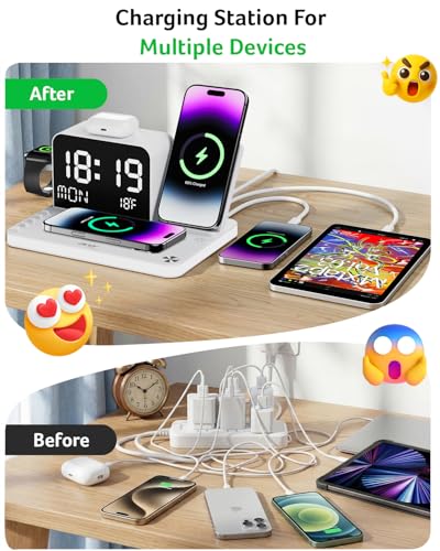 Acer 7-in-1 Wireless Charging Station with LED Clock - 30W Fast Wireless Charger for iPhone 16/15/14/13/12/Pro Max, Apple Watch, AirPods - Bluetooth Auto Time Sync & Night Lights (White) - color: White