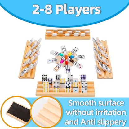 Doreimi Upgraded Mexican Train Dominoes Set with 8 Wooden Holders, Double 12 Dominos Set for Kids, Adults Travel Domino Train Set with 91 Tiles and Carry Case, Classic Board Games for Family Night - style: Dot+8 Racks+Wooden Hub