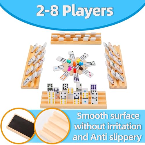 Doreimi Upgraded Mexican Train Dominoes Set with 8 Wooden Holders, Double 12 Dominos Set for Kids, Adults Travel Domino Train Set with 91 Tiles and Carry Case, Classic Board Games for Family Night - style: Dot+8 Racks+Wooden Hub