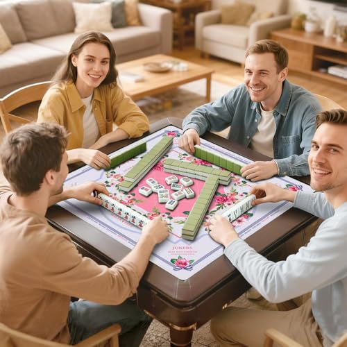 Mahjong Mat for Table with Carrying Bag & 3 Dice, Pink Floral 31.5"x31.5" Square Rubber Mahjong Table Cover, Non-Slip & Noise Reduction Gaming Mat for Mah Jongg, Poker, Dominoes & Tile Games - color: Pink