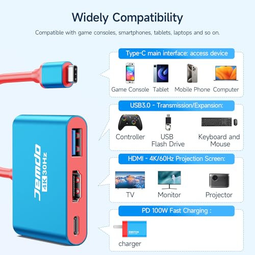 JEMDO Portable Dock Adapter for Switch, Travel Docking Station for TV with 4K HD HDMI Output & PD Fast Charging & USB 3.0 Compatible with Switch/OLED, Steam Deck, MacBook Pro/Air, ROG Ally