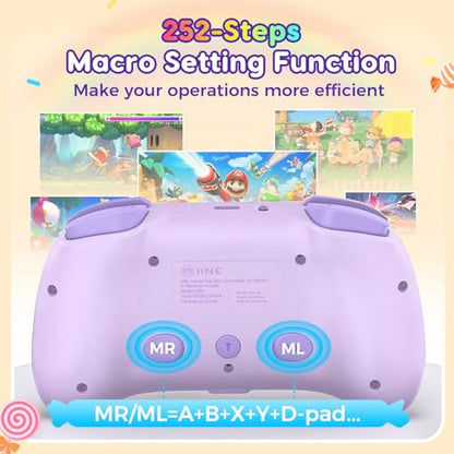 IINE Wireless Controller for Switch/PC/Android/IOS, Cute Gamepad with RGB Lights, Mini Pro Controller with Turbo/Macro/NFC Amiibo/Motion Sensor/Wake-Up/Rumble (Purple) - color: Purple