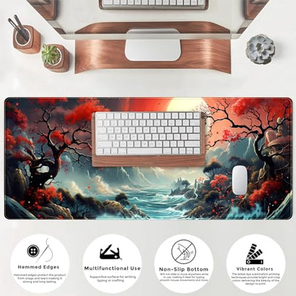 Japanese Desk Mat Extended Gaming Mousepad Japan Large Mouse Pad XL Oceanic Passage Aesthetic Desk Pad Keyboard Mat Laptop Desktop Mouse Mat 31.5''X11.8'' Deskmat with Stitched Edges - color: Oceanic Passage
