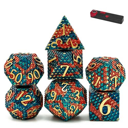 UDIXI Metal Dice Set, Dragon Scale D&D Metal DND Dice for Role Playing Game | 7PCS, Solid Metal, Metal Dice Box, DM Gift, for Dungeons and Dragons RPG Tabletop Games Board Games - color: Dragon Scale-orange and Blue