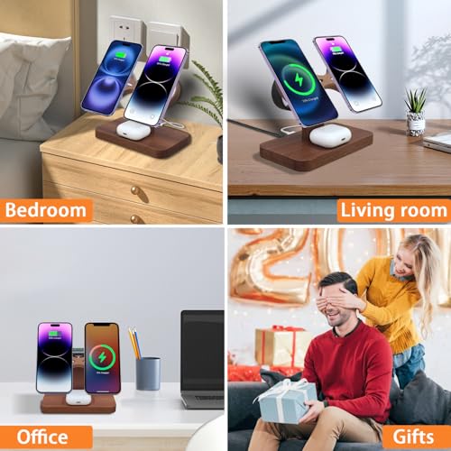 3 in 1 Wireless Charging Station for Apple Devices 24W Dual Phone Charging Station for 2 iPhone 17 16 15 14 13 12 Series iWatch 11 10 9 8 7 6 5 4 AirPod Magnetic Wireless Phone Charger Stand - color: With Apple watch charger