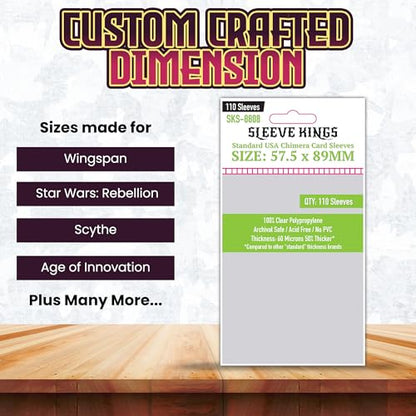 Sleeve Kings Standard Card Sleeves 57.5x89mm, 60 Micron, 110ct, SKS-8808 | 100% Clear Polypropylene, Acid-Free & PVC-Free, Archival-Safe for Long-Term Storage, Compatible with Wingspan & More - size: 57.5 x 89 mm, style: Standard USA Chimera