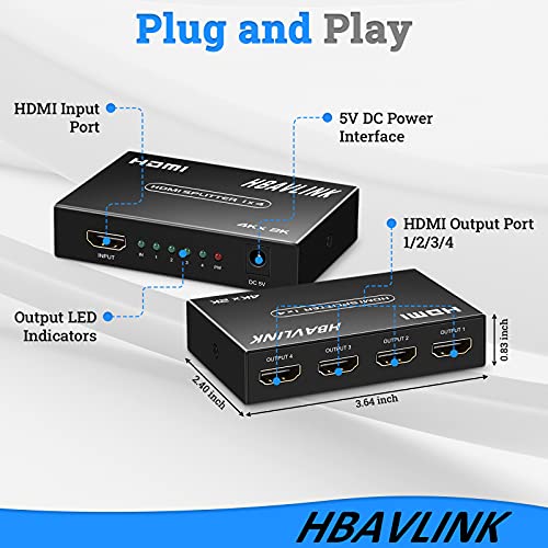 HDMI Splitter 1 in 4 Out 4K 4 Port HDMI Splitter Powered Video Splitter 4 Outputs w/HDMI Cord+ AC Adapter Duplicate/Mirror Screens for Fire Stick/Roku/DirecTV/Cable Box/Security Cameras - size: Splitter 1x4 4K@30Hz