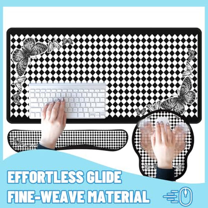 Gothic Butterfly Desk Mat Set Harlequin Black White Large Mouse Pad with Wrist 4in1 Desk Mat for Desktop Ergonomic Keyboard Wrist Support Anti-Slip Computer Ergonomic Mouse Pad Home Office Gaming - color: Gothic Butterfly