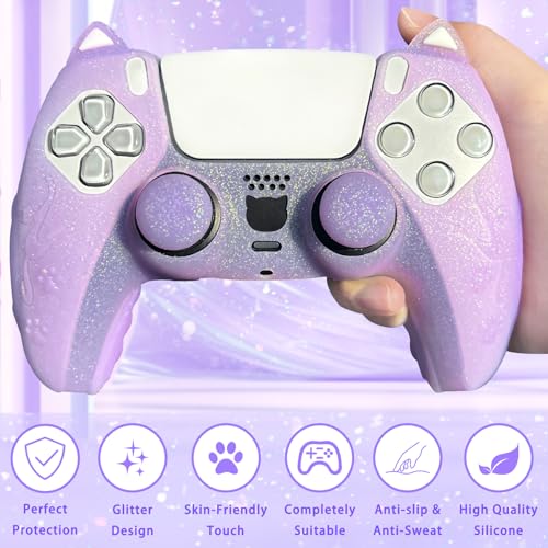 Purple Cat Glitter Anti-Slip Protective Silicone Cover Skin Grips Compatible with PS5/Slim/Pro Controller,8 PCS Glitter Thumb Grips Caps and 2 Paw Grips Caps. (Cat Purple) - color: Cat Purple