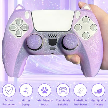 Purple Cat Glitter Anti-Slip Protective Silicone Cover Skin Grips Compatible with PS5/Slim/Pro Controller,8 PCS Glitter Thumb Grips Caps and 2 Paw Grips Caps. (Cat Purple) - color: Cat Purple