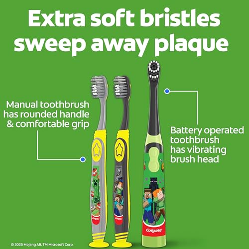 Colgate Kids Minecraft Toothbrush and Kids Toothpaste Gift Set, Includes Minecraft-Themed Battery Toothbrush, 2 Bubblegum Flavored Fluoride Toothpastes, and 2 Manual Toothbrushes - style: Minecraft