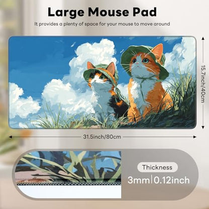 Large Gaming Mouse Pad, XL Desk Protector, Non-Slip Base | 31.5x15.7 in Extended Desk Mat with Stitched Edges for Keyboard, Work, Game, Office, Home PC and Laptop - color: Hat Cats