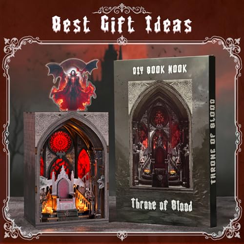 MiniCity Book Nook Kit, Gothic 3D Wooden Puzzle Dollhouse with LED Light, Laser Film Craft Book Shelf Insert Decor, 101Pcs DIY Assembly Model with Full Tools & Color Instruction - Throne of Blood | Wood/paper/plastic DIY model with LED lighting; 101 piece