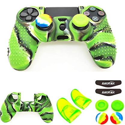 Silicone Skin Cover for Ps4 Controller (1pc Anti-Slip Case, 1 Pair L2 R2 Trigger Extender, 4pcs Thumb Grips,4pcs LED Light Bar Decal) Protector for DualShock PS4/ Slim/Pro Controller (Green granular) - color: Green granular