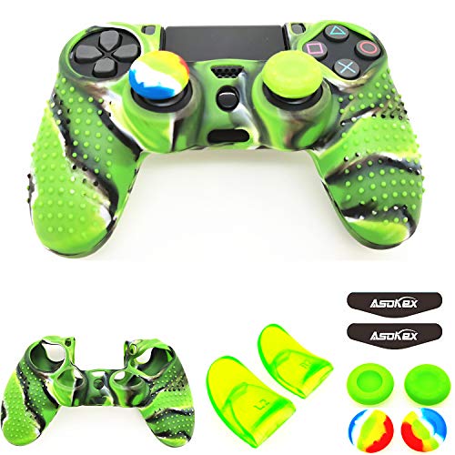 Silicone Skin Cover for Ps4 Controller (1pc Anti-Slip Case, 1 Pair L2 R2 Trigger Extender, 4pcs Thumb Grips,4pcs LED Light Bar Decal) Protector for DualShock PS4/ Slim/Pro Controller (Green granular) - color: Green granular