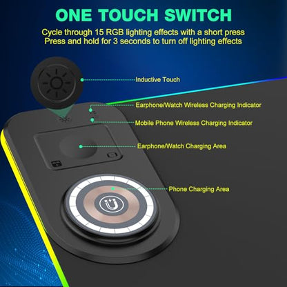 RGB Gaming Mouse Pad Wireless Charging Desk Mat with Foldable Phone Stand, Large LED Gaming Mat 800x350x4mm, 15 Light Modes, Waterproof, Keyboard Pad for PC Computer, Includes 20W PD Power Adapter
