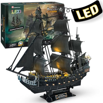 CubicFun 3D Puzzles for Adults Home Decor Pirate Ship Gifts for Men Women Model Kits Brain Teaser Gifts for mom,Queen Anne's Revenge 340 Pcs - style: 1/95 LED Queen Anne's Revenge