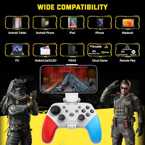 Joso Wireless Mobile Gaming Controller for iPhone, Android, iPad, Tablet, PC, Phone Controller with Phone Clip Supports Cloud Game, COD Mobile, Genshin Immpact, Remote Player Gamepad - color: White+Blue+Red
