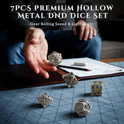 MoKo Dragon Hollow Metal DND Dice Set, Sliver+Gold | 7 Pcs Polyhedral, D20 D12 D10 D8 D6 D4, For Dungeons and Dragons RPG Games, With Gift Box - color: 4 - Sliver+gold