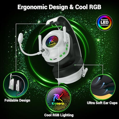 Krysenix Wireless Gaming Headset with Noise Canceling Mic for Xbox, PS5 | Low latency<20ms|Dual Mode (2.4GHz+BT)丨Compatible: PC/PS5/PS4/Switch/Mac/Tablet/Phone丨50H Battery丨Foldable Design - color: White for XBOX