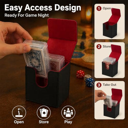 Playing Card Storage Box with 2 Small Plastic Card Cases, PU Leather Deck Box with Magnetic Closure, Portable Poker Card Holder for Standard Playing Cards, Game Cards, Tabletop Games