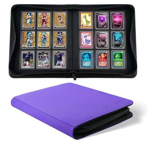 WITHYU Top Loader Binder 9 Pocket, Holds 288 Toploaders for 3" x 4" Cards, Ringless PU Leather Card Binder with Zipper Protection, Ideal Gift for Collectors, Purple - color: Purple, size: 9 Pocket