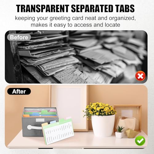 Greeting Card Organizer Box with 16 Dividers,Collapsible Greeting Card Storage Box With Lids，Ideal for Greeting Cards,Recipes, Photos, Envelopes, Keepsake（Grey，84 Pcs Labels） - color: Grey