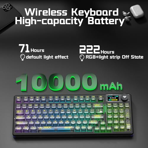 Aula F98Pro V3 Wireless Mechanical Keyboard with Screen & Knob,Tri-Mode Hot Swappable Computer Keyboards,10000mAh Battery,Clear Keycaps RGB Backlit Gasket Mount Black Gaming Keyboard for PC/Office - color: Black