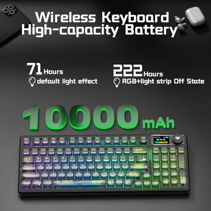 Aula F98Pro V3 Wireless Mechanical Keyboard with Screen & Knob,Tri-Mode Hot Swappable Computer Keyboards,10000mAh Battery,Clear Keycaps RGB Backlit Gasket Mount Black Gaming Keyboard for PC/Office - color: Black