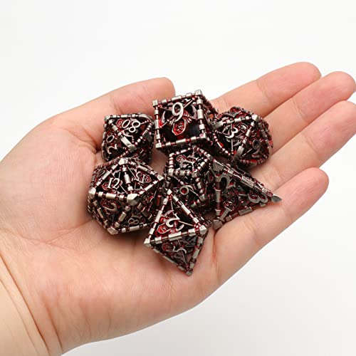 DND Dice Set, 7-Piece Hollow Grim Reaper Metal Dice,Blood | Lightweight copper hollow dice with easy-to-read engraved numbers, gift box and velvet bag for DND players and collectors. - color: Grim Reaper Blood