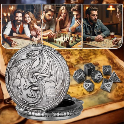 Mini DND Dice Set, Steampunk Winged Dragon Pocket Watch Shell Case, 7-Piece Polyhedral Metal D&D Dice, DND Gift Bag with Dragon Logo, Role Play Board Game Accessories, Dark Silver - color: Dark Silver