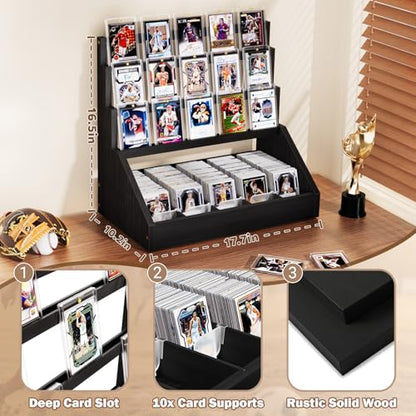 Emfogo Trading Card Display, 3-Tier Card Display Stand with 5-Row Storage, Wooden Graded Card Display with Card Stoppers, Large Capacity Sports Card Display Case for Card Game Collection (Black) - color: Black