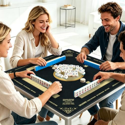 Black Mahjong Mat for Table with Rules, 31.5" x 31.5" Noise Reduction Non Slip Waterproof Mah Jong Table Mat with Carrying Bag, Suitable for Mahjong, Poker, Board Games, Dominoes, and Card Games - color: Black